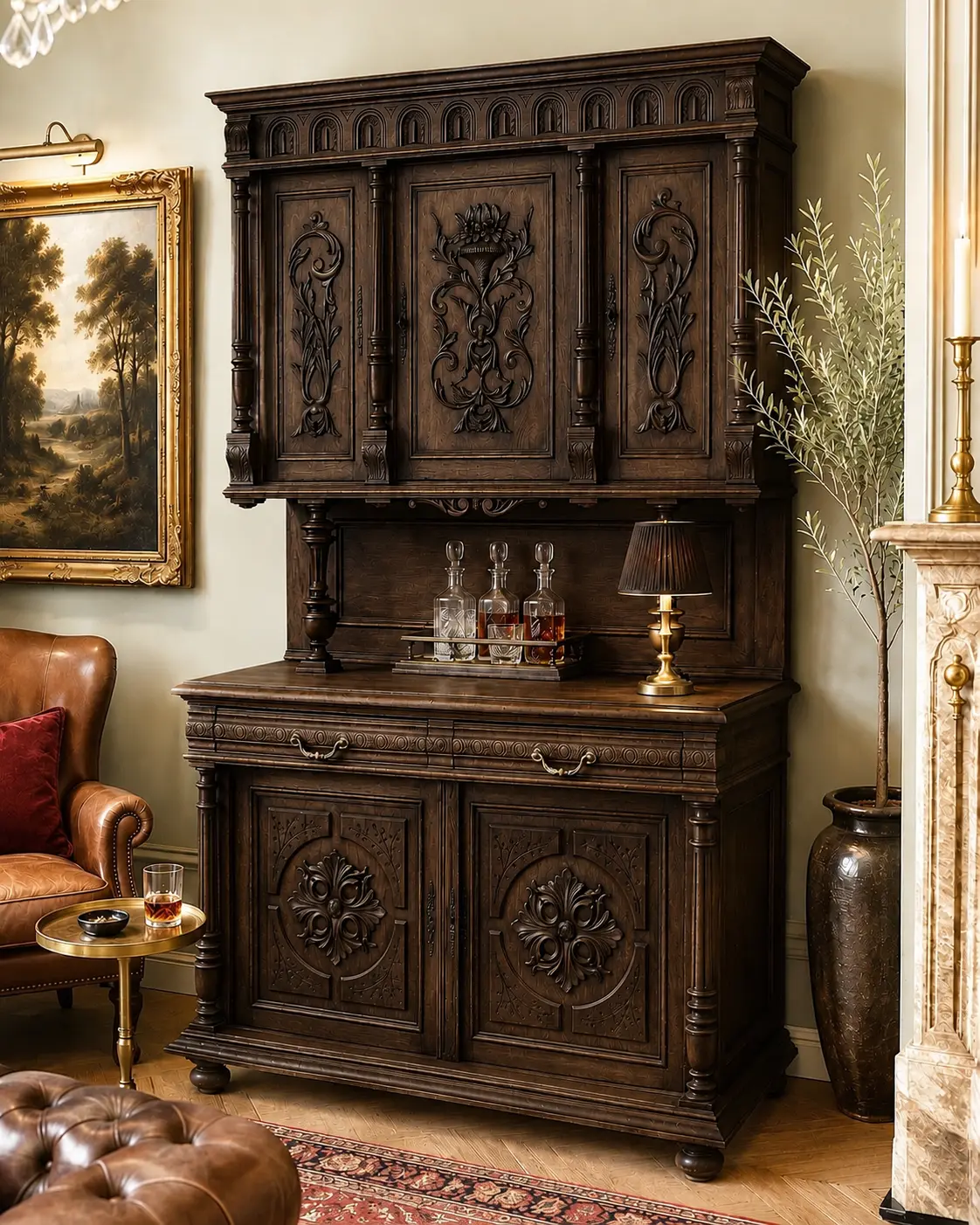 Carved oak buffet à deux corps