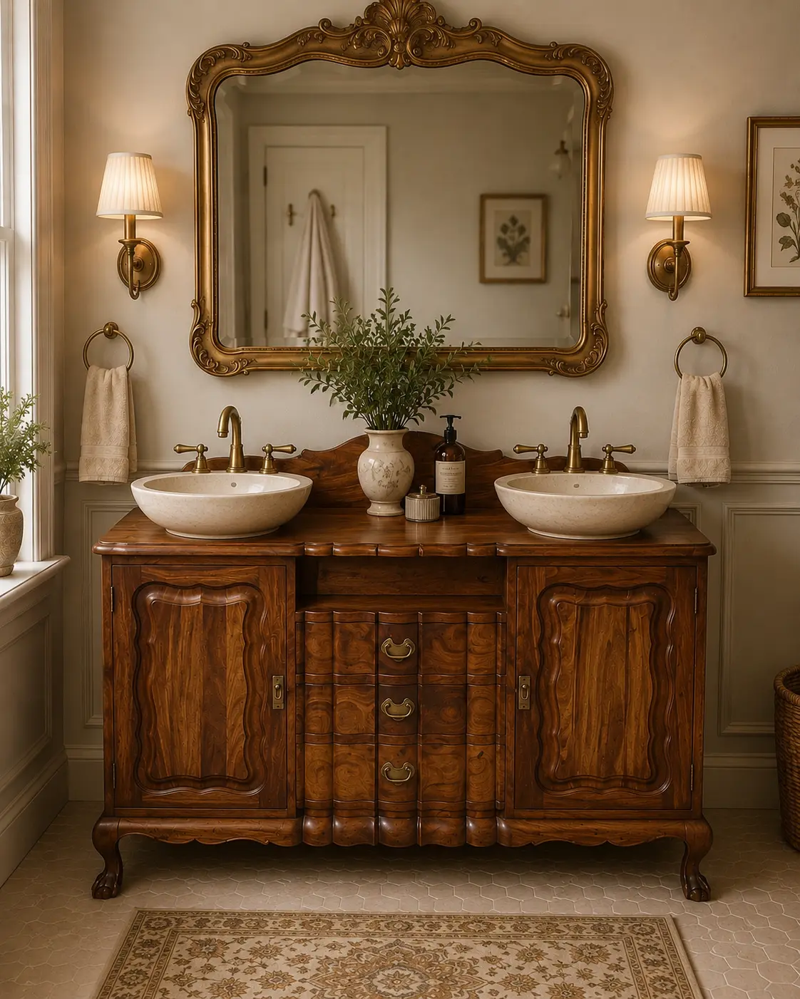 Carved walnut double vanity