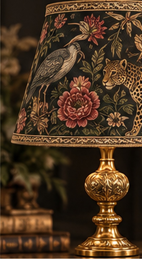 The Menagerie Nocturne — Fauna & flora on a dark ground lampshade by Snowball Atelier