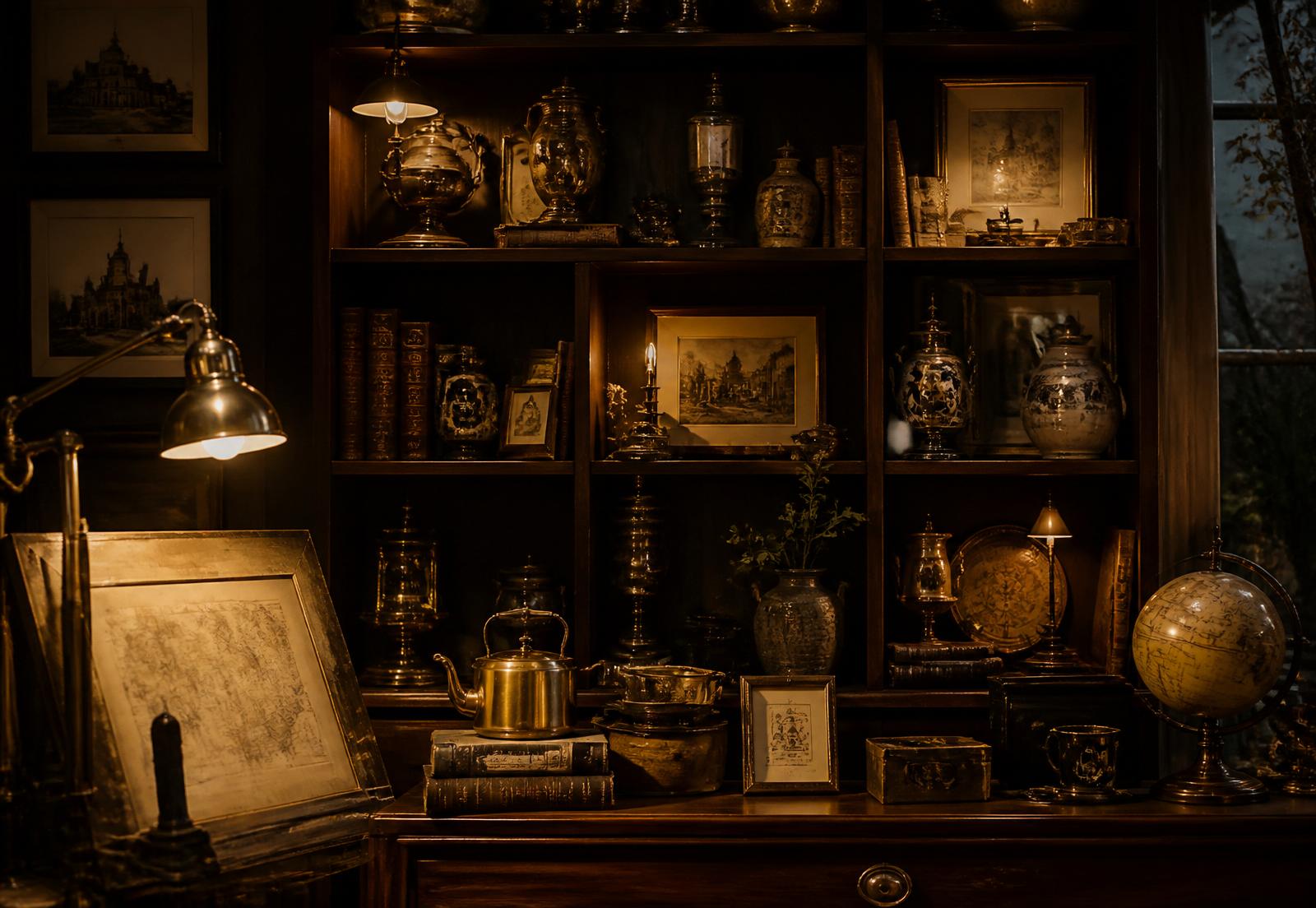 A warmly lit studio interior with curated shelves of vintage objects